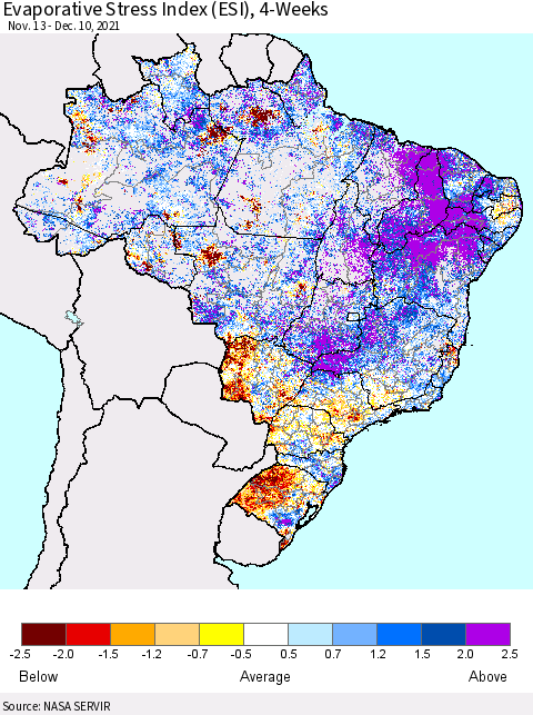 Brazil Evaporative Stress Index (ESI), 4-Weeks Thematic Map For 12/6/2021 - 12/12/2021