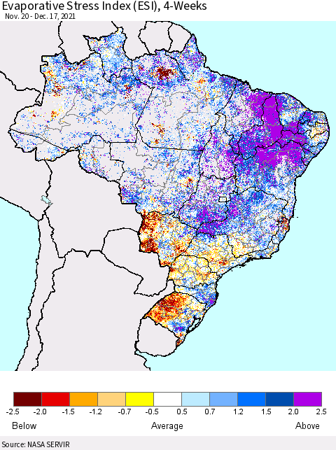 Brazil Evaporative Stress Index (ESI), 4-Weeks Thematic Map For 12/13/2021 - 12/19/2021