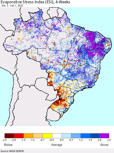 Brazil Evaporative Stress Index (ESI), 4-Weeks Thematic Map For 12/27/2021 - 1/2/2022