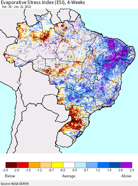Brazil Evaporative Stress Index (ESI), 4-Weeks Thematic Map For 1/17/2022 - 1/23/2022