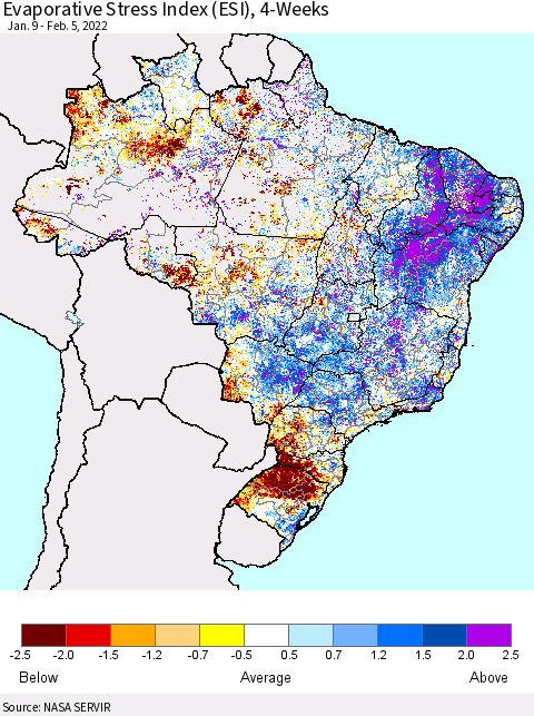 Brazil Evaporative Stress Index (ESI), 4-Weeks Thematic Map For 1/31/2022 - 2/6/2022
