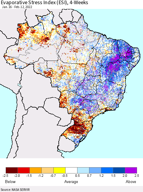 Brazil Evaporative Stress Index (ESI), 4-Weeks Thematic Map For 2/7/2022 - 2/13/2022