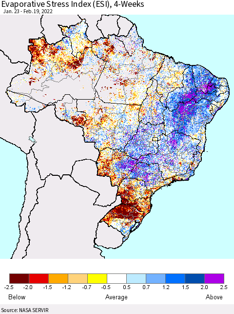 Brazil Evaporative Stress Index (ESI), 4-Weeks Thematic Map For 2/14/2022 - 2/20/2022
