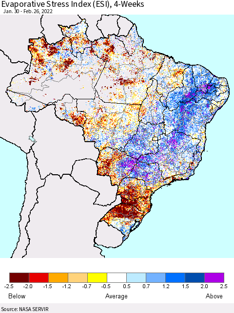 Brazil Evaporative Stress Index (ESI), 4-Weeks Thematic Map For 2/21/2022 - 2/27/2022