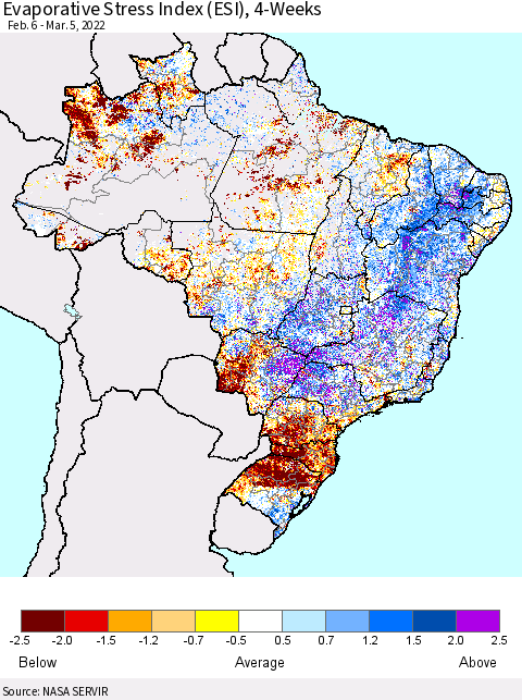 Brazil Evaporative Stress Index (ESI), 4-Weeks Thematic Map For 2/28/2022 - 3/6/2022