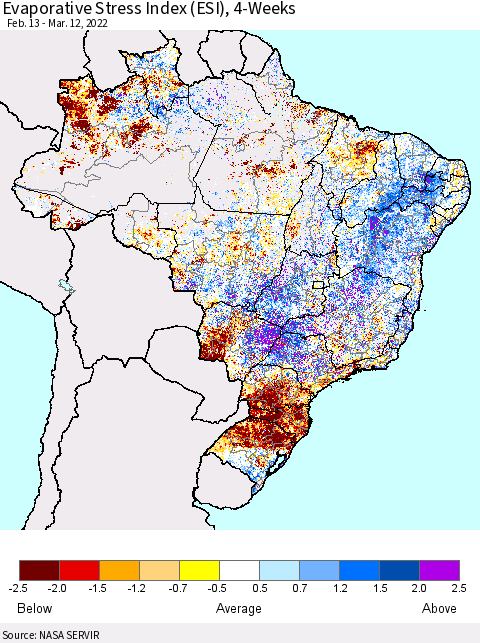 Brazil Evaporative Stress Index (ESI), 4-Weeks Thematic Map For 3/7/2022 - 3/13/2022