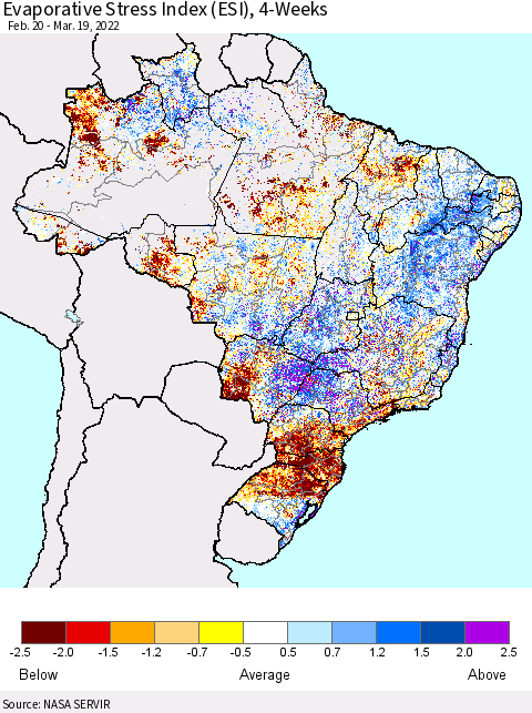 Brazil Evaporative Stress Index (ESI), 4-Weeks Thematic Map For 3/14/2022 - 3/20/2022