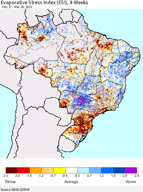 Brazil Evaporative Stress Index (ESI), 4-Weeks Thematic Map For 3/21/2022 - 3/27/2022