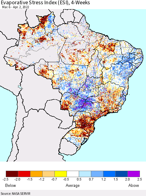 Brazil Evaporative Stress Index (ESI), 4-Weeks Thematic Map For 3/28/2022 - 4/3/2022