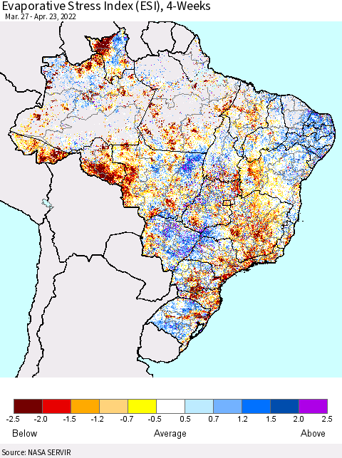 Brazil Evaporative Stress Index (ESI), 4-Weeks Thematic Map For 4/18/2022 - 4/24/2022