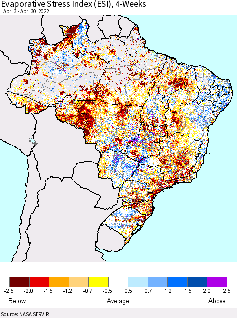 Brazil Evaporative Stress Index (ESI), 4-Weeks Thematic Map For 4/25/2022 - 5/1/2022