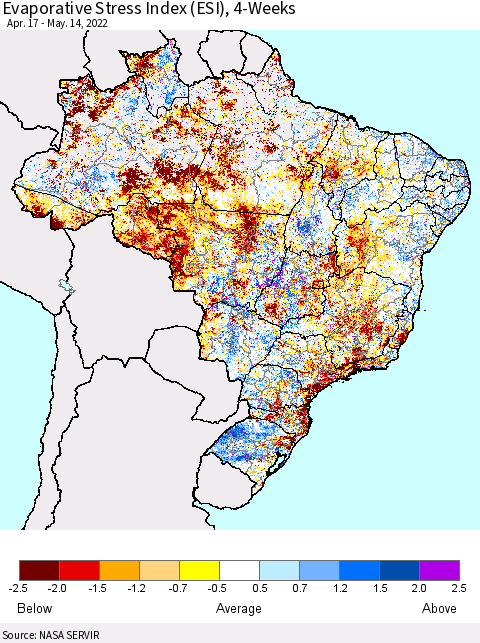 Brazil Evaporative Stress Index (ESI), 4-Weeks Thematic Map For 5/9/2022 - 5/15/2022