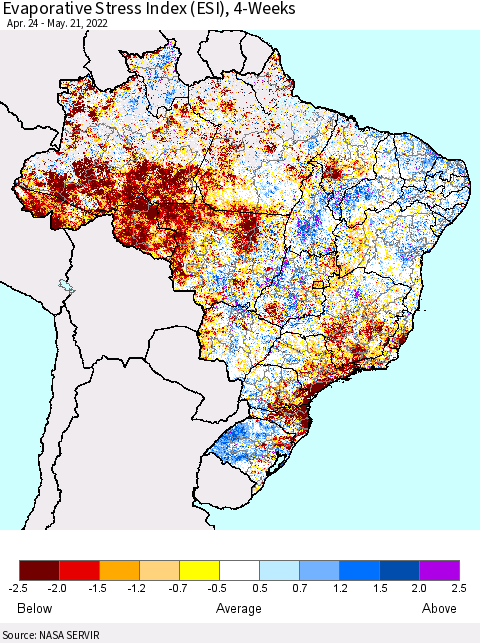 Brazil Evaporative Stress Index (ESI), 4-Weeks Thematic Map For 5/16/2022 - 5/22/2022