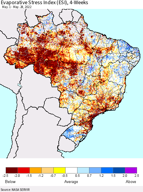 Brazil Evaporative Stress Index (ESI), 4-Weeks Thematic Map For 5/23/2022 - 5/29/2022