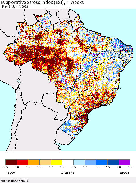 Brazil Evaporative Stress Index (ESI), 4-Weeks Thematic Map For 5/30/2022 - 6/5/2022