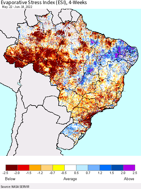 Brazil Evaporative Stress Index (ESI), 4-Weeks Thematic Map For 6/13/2022 - 6/19/2022