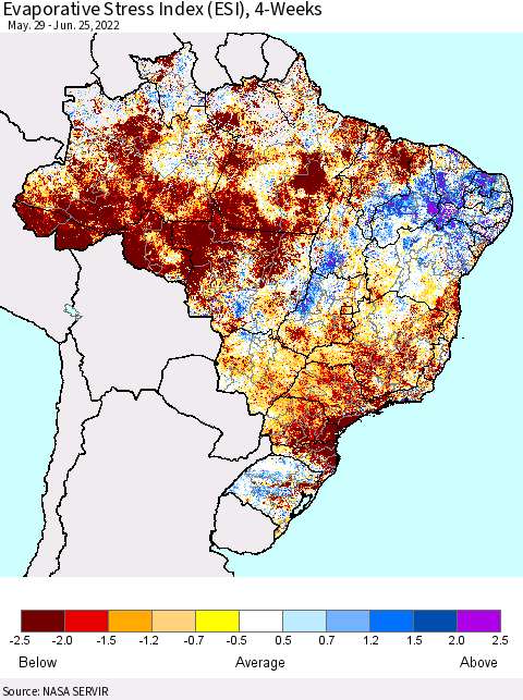 Brazil Evaporative Stress Index (ESI), 4-Weeks Thematic Map For 6/20/2022 - 6/26/2022