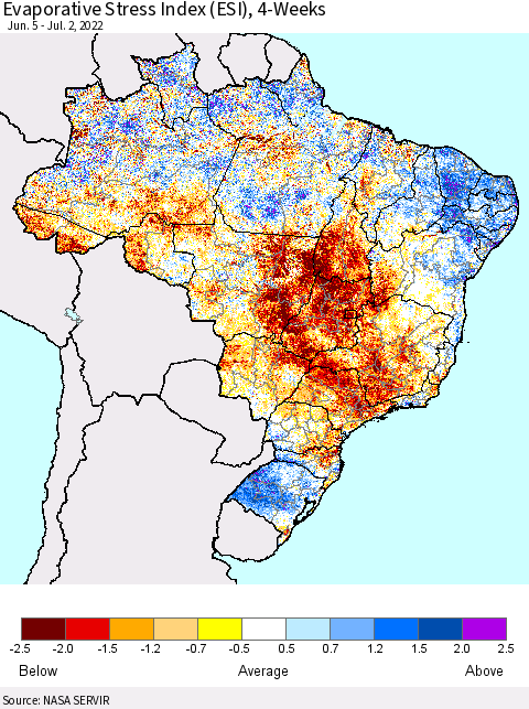 Brazil Evaporative Stress Index (ESI), 4-Weeks Thematic Map For 6/27/2022 - 7/3/2022