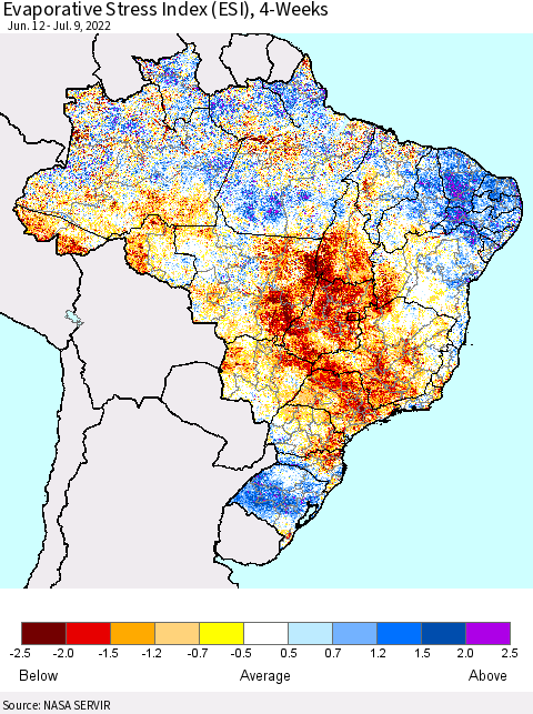 Brazil Evaporative Stress Index (ESI), 4-Weeks Thematic Map For 7/4/2022 - 7/10/2022