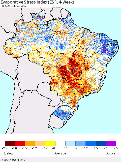 Brazil Evaporative Stress Index (ESI), 4-Weeks Thematic Map For 7/18/2022 - 7/24/2022