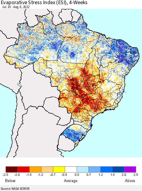 Brazil Evaporative Stress Index (ESI), 4-Weeks Thematic Map For 8/1/2022 - 8/7/2022