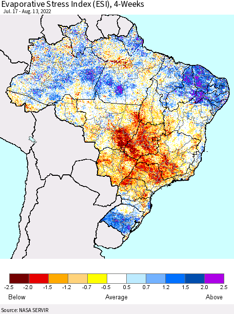 Brazil Evaporative Stress Index (ESI), 4-Weeks Thematic Map For 8/8/2022 - 8/14/2022