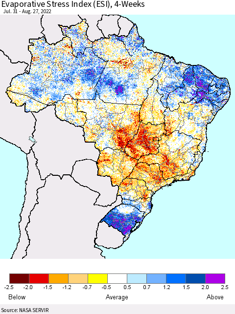 Brazil Evaporative Stress Index (ESI), 4-Weeks Thematic Map For 8/22/2022 - 8/28/2022