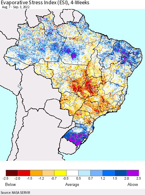 Brazil Evaporative Stress Index (ESI), 4-Weeks Thematic Map For 8/29/2022 - 9/4/2022