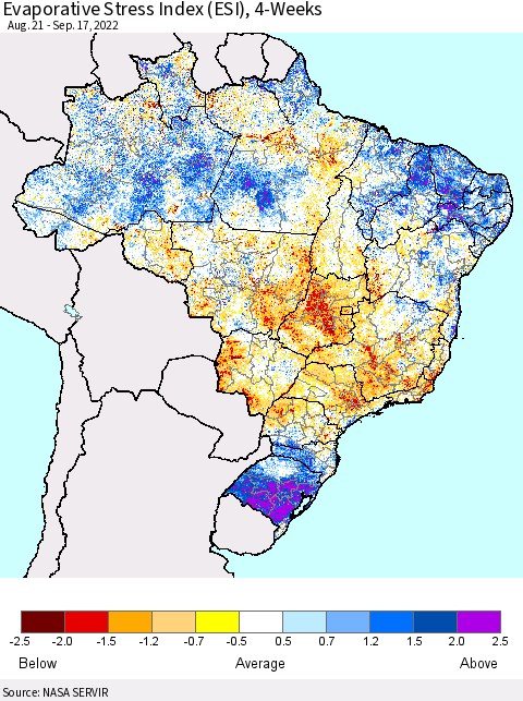 Brazil Evaporative Stress Index (ESI), 4-Weeks Thematic Map For 9/12/2022 - 9/18/2022