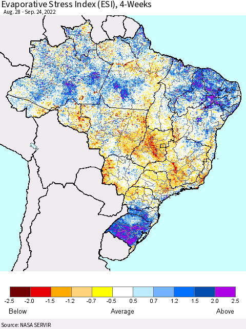 Brazil Evaporative Stress Index (ESI), 4-Weeks Thematic Map For 9/19/2022 - 9/25/2022
