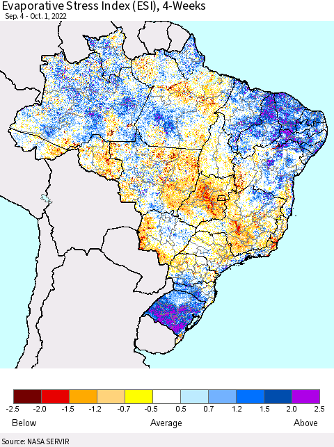 Brazil Evaporative Stress Index (ESI), 4-Weeks Thematic Map For 9/26/2022 - 10/2/2022