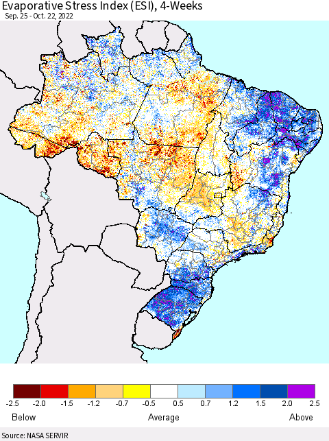 Brazil Evaporative Stress Index (ESI), 4-Weeks Thematic Map For 10/17/2022 - 10/23/2022