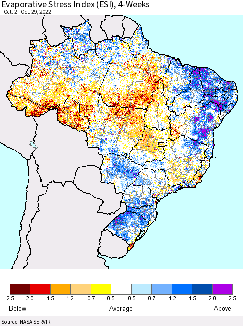 Brazil Evaporative Stress Index (ESI), 4-Weeks Thematic Map For 10/24/2022 - 10/30/2022
