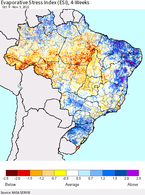 Brazil Evaporative Stress Index (ESI), 4-Weeks Thematic Map For 10/31/2022 - 11/6/2022