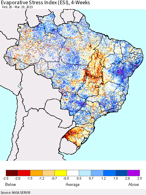 Brazil Evaporative Stress Index (ESI), 4-Weeks Thematic Map For 3/13/2023 - 3/19/2023