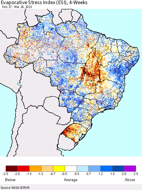 Brazil Evaporative Stress Index (ESI), 4-Weeks Thematic Map For 3/20/2023 - 3/26/2023