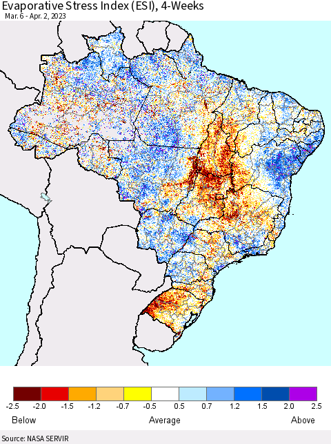 Brazil Evaporative Stress Index (ESI), 4-Weeks Thematic Map For 3/27/2023 - 4/2/2023