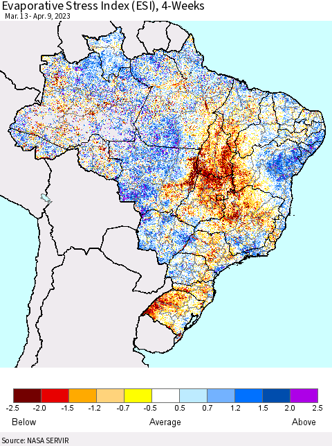 Brazil Evaporative Stress Index (ESI), 4-Weeks Thematic Map For 4/3/2023 - 4/9/2023