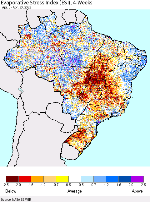 Brazil Evaporative Stress Index (ESI), 4-Weeks Thematic Map For 4/24/2023 - 4/30/2023