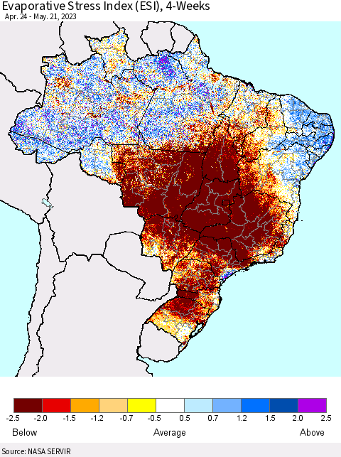 Brazil Evaporative Stress Index (ESI), 4-Weeks Thematic Map For 5/15/2023 - 5/21/2023