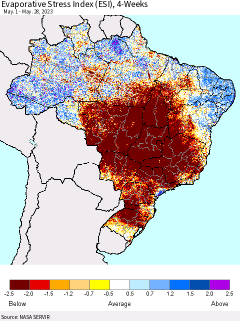 Brazil Evaporative Stress Index (ESI), 4-Weeks Thematic Map For 5/22/2023 - 5/28/2023