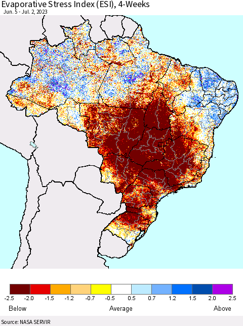 Brazil Evaporative Stress Index (ESI), 4-Weeks Thematic Map For 6/26/2023 - 7/2/2023