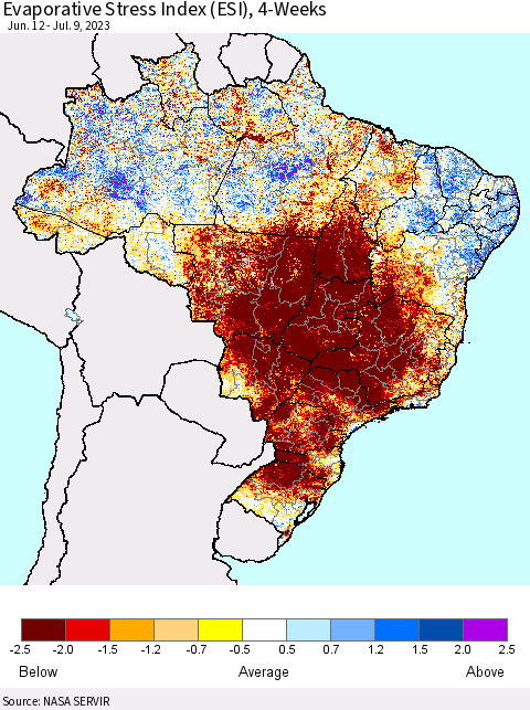 Brazil Evaporative Stress Index (ESI), 4-Weeks Thematic Map For 7/3/2023 - 7/9/2023