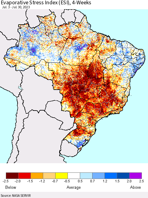 Brazil Evaporative Stress Index (ESI), 4-Weeks Thematic Map For 7/24/2023 - 7/30/2023