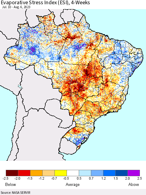Brazil Evaporative Stress Index (ESI), 4-Weeks Thematic Map For 7/31/2023 - 8/6/2023