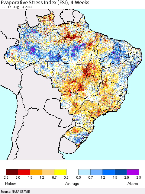 Brazil Evaporative Stress Index (ESI), 4-Weeks Thematic Map For 8/7/2023 - 8/13/2023