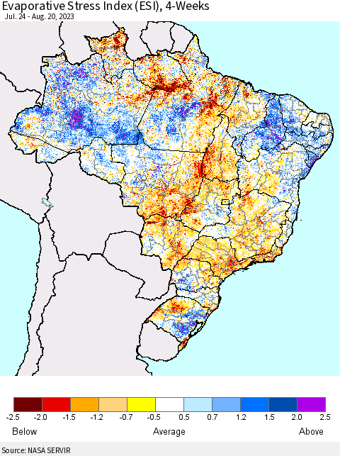 Brazil Evaporative Stress Index (ESI), 4-Weeks Thematic Map For 8/14/2023 - 8/20/2023