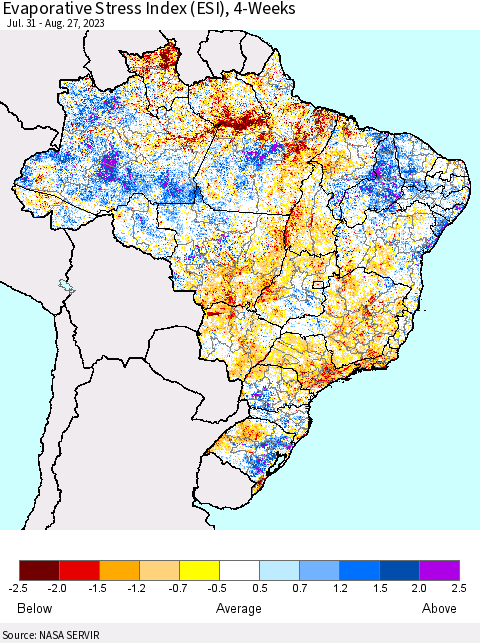 Brazil Evaporative Stress Index (ESI), 4-Weeks Thematic Map For 8/21/2023 - 8/27/2023