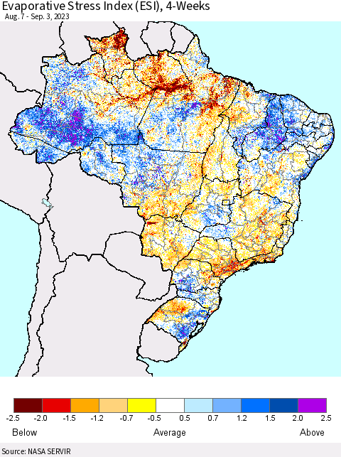 Brazil Evaporative Stress Index (ESI), 4-Weeks Thematic Map For 8/28/2023 - 9/3/2023