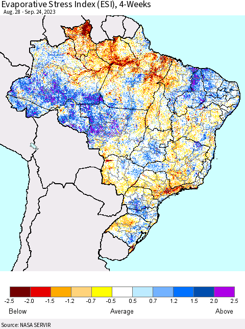 Brazil Evaporative Stress Index (ESI), 4-Weeks Thematic Map For 9/18/2023 - 9/24/2023